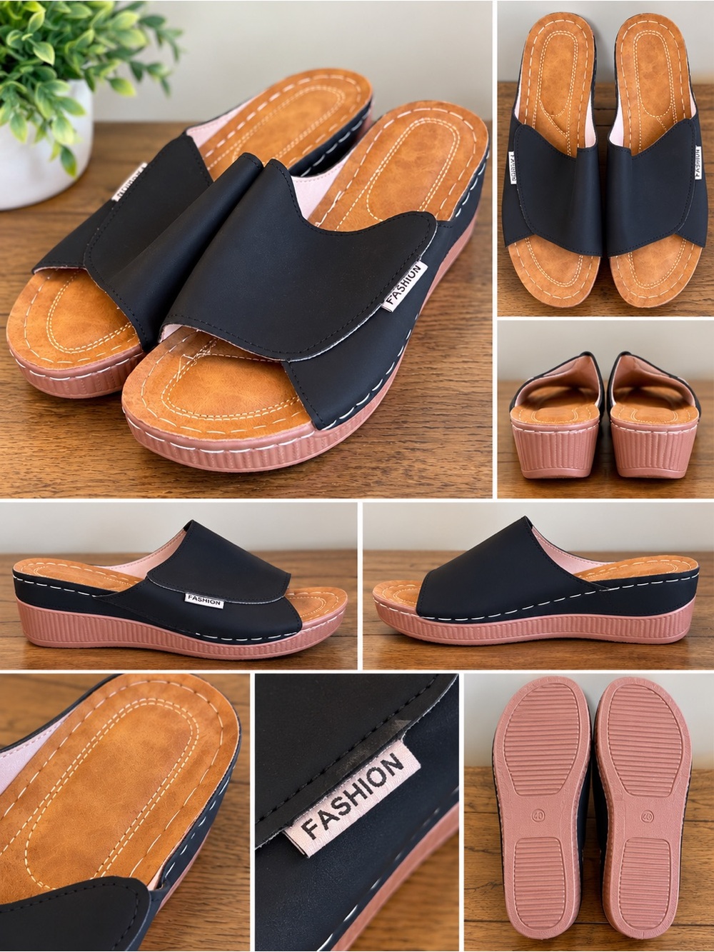 Fashion Black and Pink Wedge Slide Sandals for Women